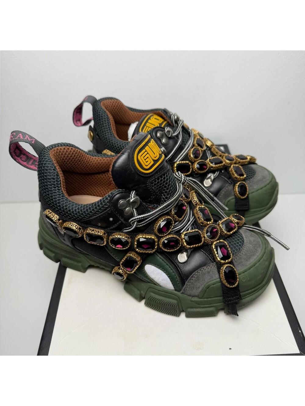 Gucci Flashtrek Sneaker Removable Crystals Green Black Women's SZ 37.5 / US 7.5